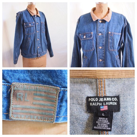 vtg 90s RALPH LAUREN Polo Jeans Co Blue Denim Jacket Corduroy Collar Mens L EUC - Picture 1 of 11